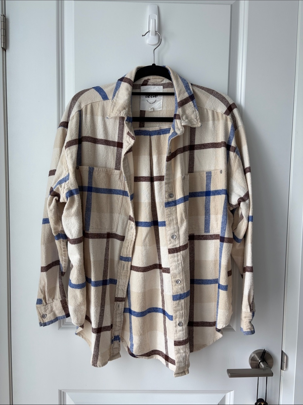 AERIE Oversized Beige Plaid Button-Down Shirt with Blue and Brown Stripes